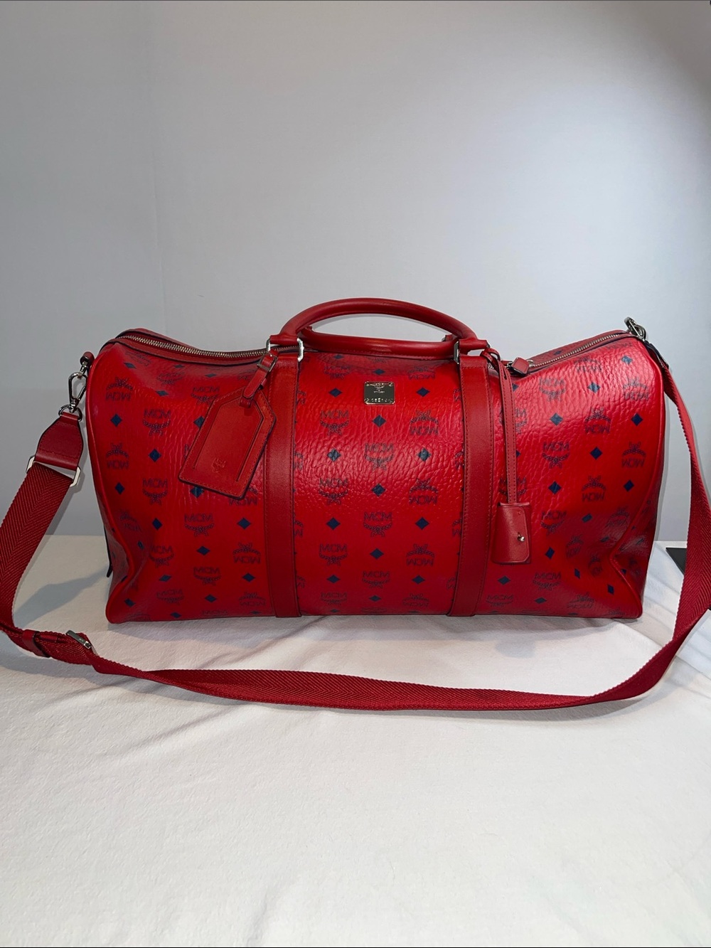 MCM Large Red Visetos Weekender Duffle Bag Travel Bag w/ Strap + Entrupy Auth